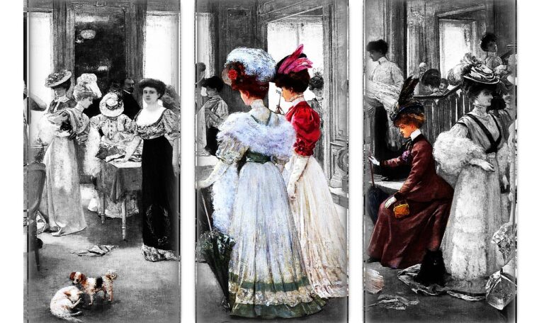 Mixed black and white and color image of trendy women from the 1800's