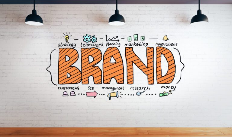 Brand management concept. White brick interior with creative sketch. 3D Rendering