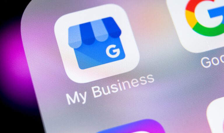 Google My Business application icon on Apple iPhone X screen close-up. Google My Bysiness icon. Google My business application. Social media network