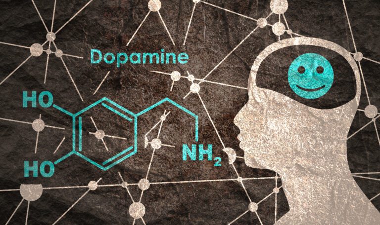 Chemical molecular formula hormone dopamine. Silhouette of a man head. Connected lines with dots background