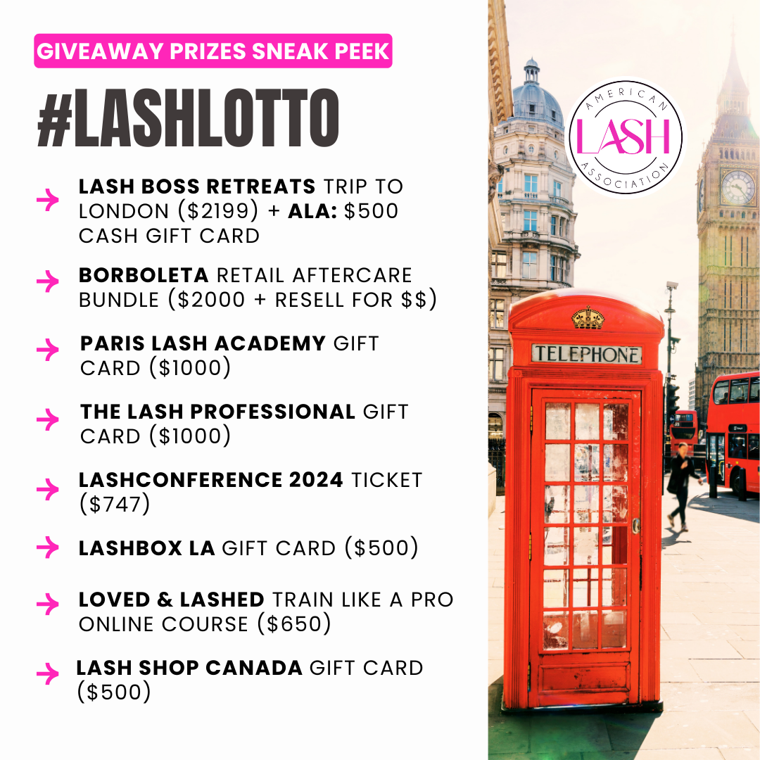 List of prizes you can win during the ALA lash giveaway with an image of a UK telephone box and Big Ben