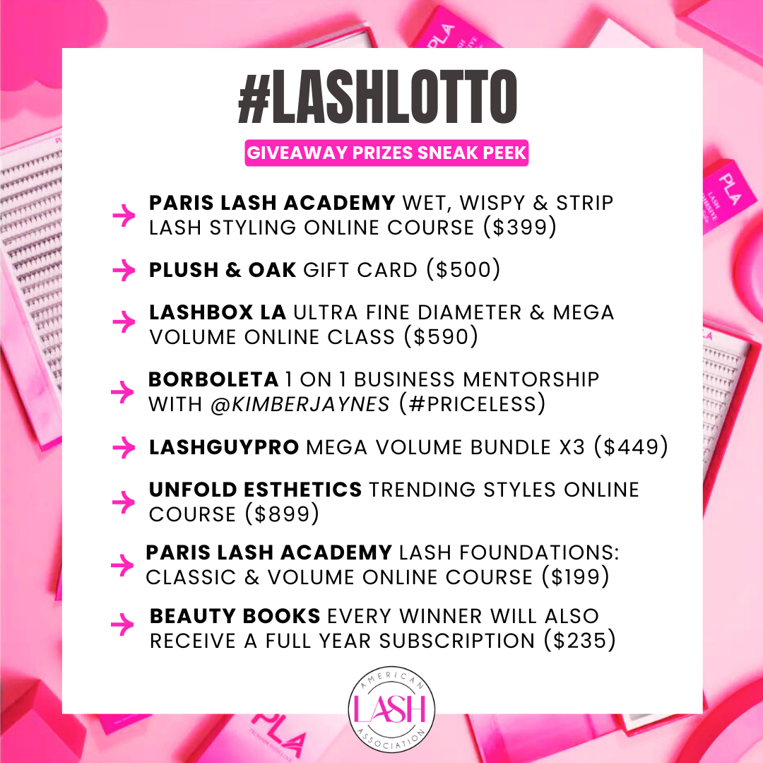 List of prizes from the ALA Lash Giveaway with a background of PLA products